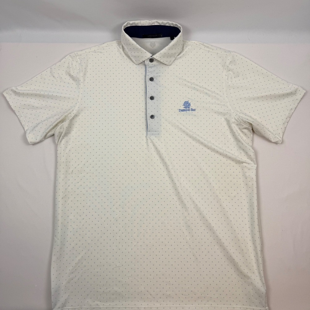 Greyson Mens Large White Blue Micro Wolf Golf Polo Deering Bay Yacht Club Logo